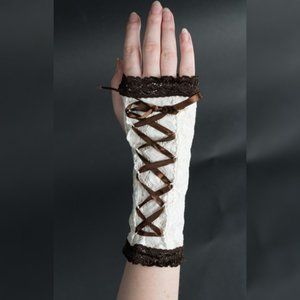 NEW Lace Satin Ribbon Fingerless Gloves Renaissance Victorian Cream Brown